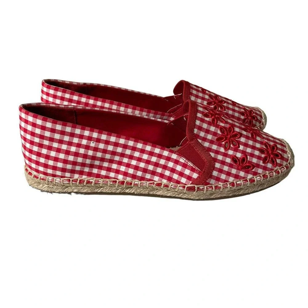 Isaac Mizrahi Live! Red Gingham Ladies Espadrilles Eyelet Embroidery Size 9 M